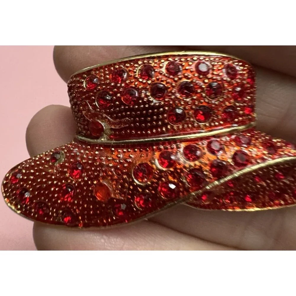 Vintage Red Rhinestone Hat Brooch 2” Gold Tone Crystal Cowboy Hat Pin